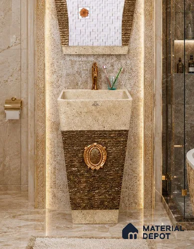 Avyra Sink BS 00181 Royal Travertine 450 x 450 x 860 mm Circular Ceramic Matte Finish Designer Basin - 860 mm | Suitable For Bathroom, Vanity & Utility Areas