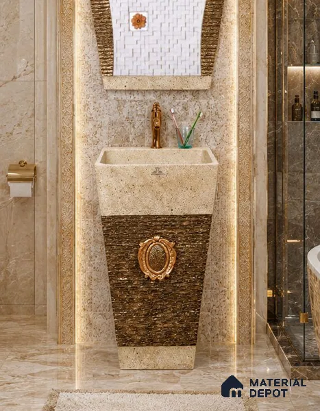 Avyra Sink BS 00181 Royal Travertine 450 x 450 x 860 mm Circular Ceramic Matte Finish Designer Basin - 860 mm | Suitable For Bathroom, Vanity & Utility Areas