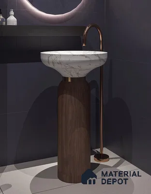 Avyra Sink BS 00189 Marble Walnut 450 x 450 x 860 mm Circular Ceramic Matte Finish Designer Basin - 860 mm | Suitable For Bathroom, Vanity & Utility Areas