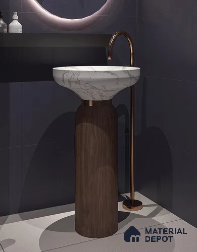 Avyra Sink BS 00189 Marble Walnut 450 x 450 x 860 mm Circular Ceramic Matte Finish Designer Basin - 860 mm | Suitable For Bathroom, Vanity & Utility Areas