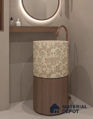 Avyra Sink BS 00190 Lace Walnut 450 x 450 x 860 mm Circular Ceramic Matte Finish Designer Basin - 860 mm | Suitable For Bathroom, Vanity & Utility Areas