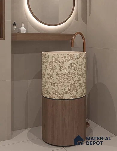 Avyra Sink BS 00190 Lace Walnut 450 x 450 x 860 mm Circular Ceramic Matte Finish Designer Basin - 860 mm | Suitable For Bathroom, Vanity & Utility Areas