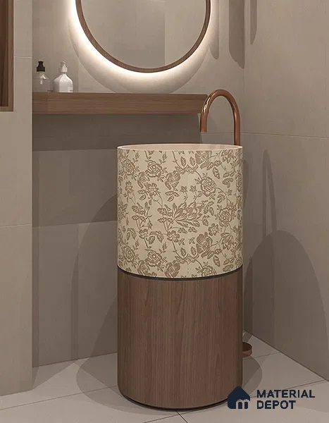 Avyra Sink BS 00190 Lace Walnut 450 x 450 x 860 mm Circular Ceramic Matte Finish Designer Basin - 860 mm | Suitable For Bathroom, Vanity & Utility Areas