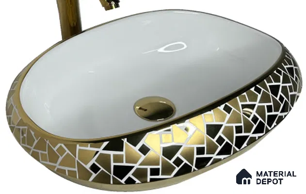 Avyra Sink BS 00105 Noir Mosaic 460 x 380 x 140 mm Circular Ceramic Glossy Finish Designer Basin - 140 mm | Suitable For Bathroom, Vanity & Utility Areas