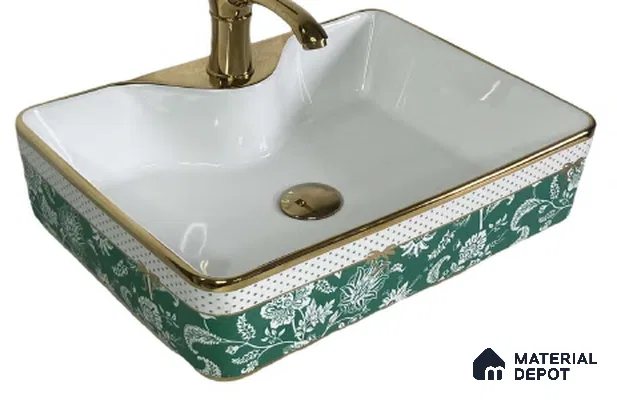 Avyra Sink BS 00070 Emerald Paisley 480 x 370 x 130 mm Rectangular Ceramic Glossy Finish Designer Basin - 130 mm | Suitable For Bathroom, Vanity & Utility Areas