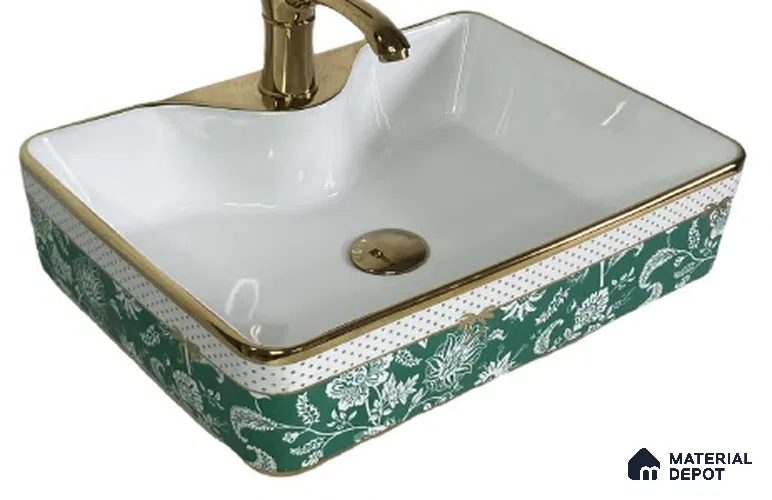 Avyra Sink BS 00070 Emerald Paisley 480 x 370 x 130 mm Rectangular Ceramic Glossy Finish Designer Basin - 130 mm | Suitable For Bathroom, Vanity & Utility Areas