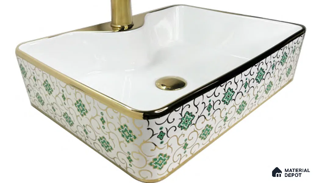 Nivora Sink BS 00055 Emerald Gilt 480 x 370 x 130 mm Rectangular Ceramic Matte Finish Designer Basin - 130 mm | Suitable For Bathroom, Vanity & Utility Areas