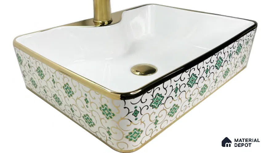 Nivora Sink BS 00055 Emerald Gilt 480 x 370 x 130 mm Rectangular Ceramic Matte Finish Designer Basin - 130 mm | Suitable For Bathroom, Vanity & Utility Areas