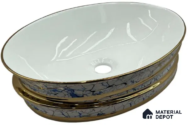 Avyra Sink BS 00099 Sapphire Crackle 500 x 350 x 160 mm Circular Ceramic Glossy Finish Designer Basin - 160 mm | Suitable For Bathroom, Vanity & Utility Areas