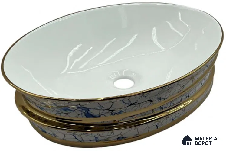 Avyra Sink BS 00099 Sapphire Crackle 500 x 350 x 160 mm Circular Ceramic Glossy Finish Designer Basin - 160 mm | Suitable For Bathroom, Vanity & Utility Areas