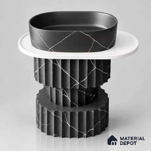 Avyra Basin BS 00202 Nero Column (Basin Size-500 x 350 x 820 mm) | (Plate Size-750x450) Circular Ceramic Matte Finish Pedestal Basin - 820 mm | Suitable For Bathroom, Vanity & Utility Areas