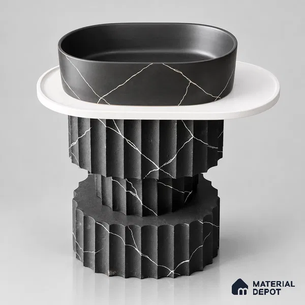 Avyra Basin BS 00202 Nero Column (Basin Size-500 x 350 x 820 mm) | (Plate Size-750x450) Circular Ceramic Matte Finish Pedestal Basin - 820 mm | Suitable For Bathroom, Vanity & Utility Areas