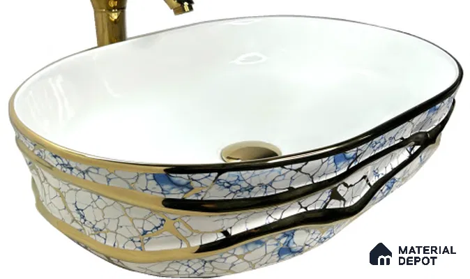 Avyra Sink BS 00102 Cobalt Branch 500 x 360 x 150 mm Circular Ceramic Glossy Finish Designer Basin - 150 mm | Suitable For Bathroom, Vanity & Utility Areas