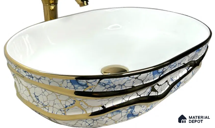 Avyra Sink BS 00102 Cobalt Branch 500 x 360 x 150 mm Circular Ceramic Glossy Finish Designer Basin - 150 mm | Suitable For Bathroom, Vanity & Utility Areas