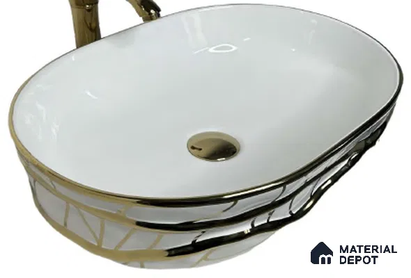Avyra Sink BS 00101 Gilded Branch 500 x 360 x 150 mm Circular Ceramic Glossy Finish Designer Basin - 150 mm | Suitable For Bathroom, Vanity & Utility Areas