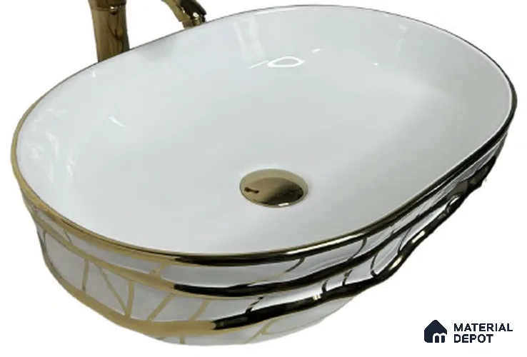 Avyra Sink BS 00101 Gilded Branch 500 x 360 x 150 mm Circular Ceramic Glossy Finish Designer Basin - 150 mm | Suitable For Bathroom, Vanity & Utility Areas