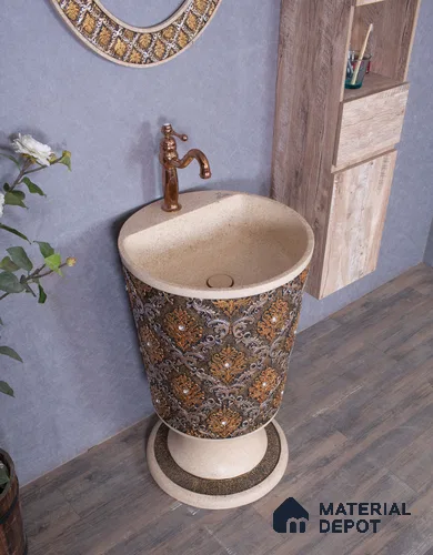 Avyra Sink BS 00187 Amber Damask 520 x 520 x 860 mm Circular Ceramic Matte Finish Designer Basin - 860 mm | Suitable For Bathroom, Vanity & Utility Areas