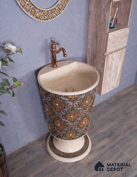 Avyra Sink BS 00187 Amber Damask 520 x 520 x 860 mm Circular Ceramic Matte Finish Designer Basin - 860 mm | Suitable For Bathroom, Vanity & Utility Areas
