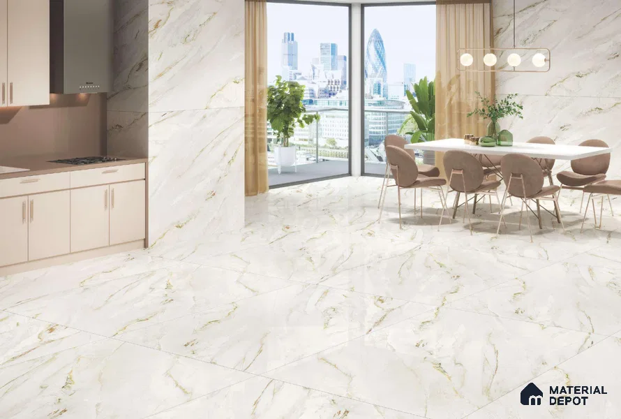 Endless Marble Floor & Wall Tile TL 08097 C Lorex White 6 ft x 4 ft Glossy Finish Vitrified Large Format Tile - 9 mm | 2 Random Design | Suitable For Living Room, Bedroom, Bathroom | Adhesive and Spacers Must be Used During Installation