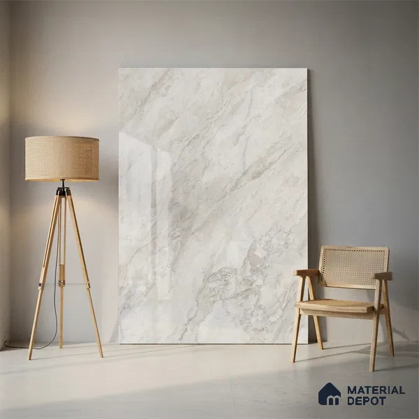 Large Format Marble Floor Tile TL 10549 Milano Grey Glossy Finish Vitrified Tile - 15 mm | Suitable for Living Room, Bedroom, Office | Adhesive and Spacers Must be Used During Installation