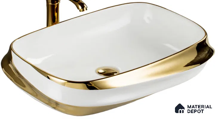 Avyra Sink BS 00103 Gold Sash 600 x 340 x 135 mm Rectangular Ceramic Glossy Finish Designer Basin - 135 mm | Suitable For Bathroom, Vanity & Utility Areas