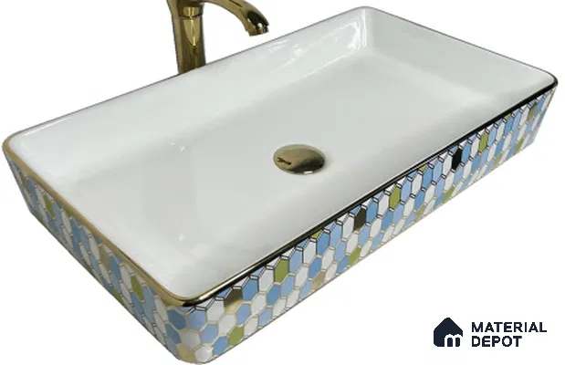 Avyra Sink BS 00078 Azure Mosaic 610 x 340 x 110 mm Rectangular Ceramic Glossy Finish Designer Basin - 110 mm | Suitable For Bathroom, Vanity & Utility Areas