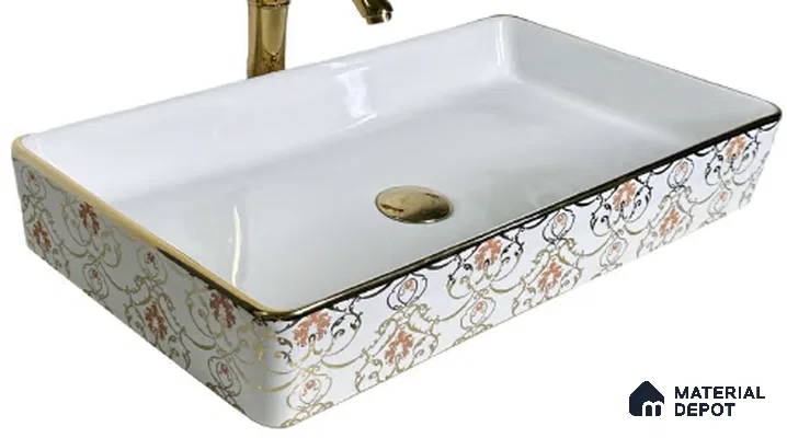 Avyra Sink BS 00077 Blush Damask 610 x 340 x 110 mm Rectangular Ceramic Glossy Finish Designer Basin - 110 mm | Suitable For Bathroom, Vanity & Utility Areas