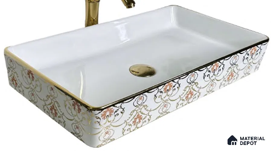 Avyra Sink BS 00077 Blush Damask 610 x 340 x 110 mm Rectangular Ceramic Glossy Finish Designer Basin - 110 mm | Suitable For Bathroom, Vanity & Utility Areas