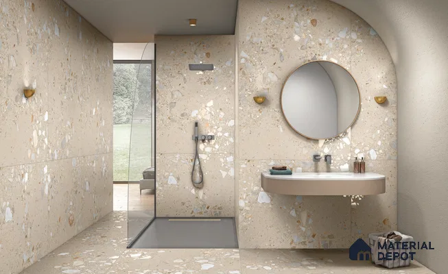 Terrazzo Wall & Floor Tile TL 13434 Terrazzo Avorio 6 ft x 4 ft Matte Finish Vitrified Tile - 9 mm | 3 Random Design | Suitable For Living Room, Bedroom, Dining Area