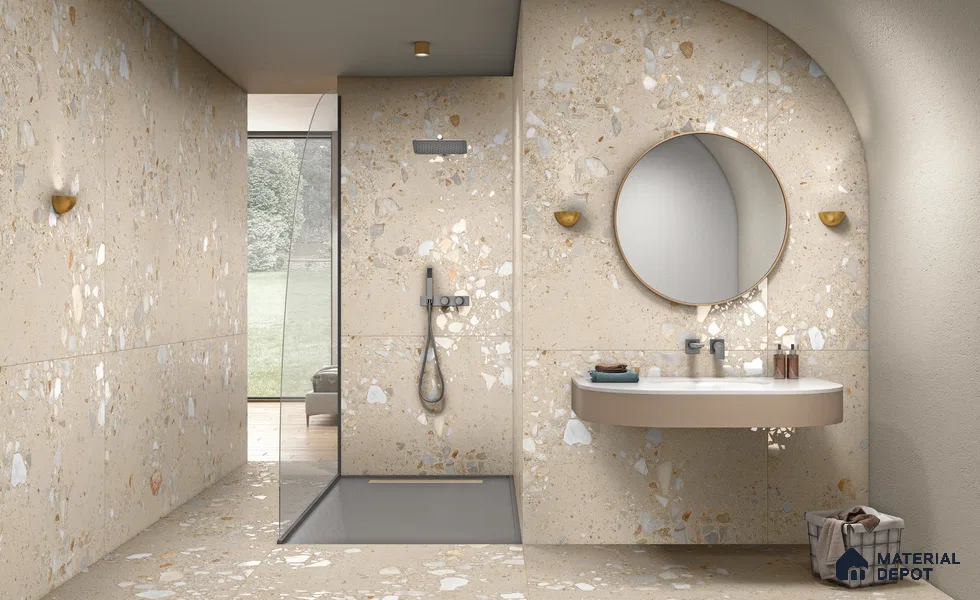 Terrazzo Wall & Floor Tile TL 13434 Terrazzo Avorio 6 ft x 4 ft Matte Finish Vitrified Tile - 9 mm | 3 Random Design | Suitable For Living Room, Bedroom, Dining Area