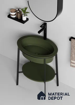 Avyra Basin BS 00174 Olive Cradle (Basin Size-700 x 500 x 180 mm) | (Plank Size-650 x 450 x 15 mm) | (Stand Size-700 x 497 x 825 mm) Circular Ceramic Matte Finish Designer Basin - 180 mm | Suitable For Bathroom, Vanity & Utility Areas