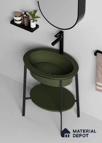 Avyra Basin BS 00174 Olive Cradle (Basin Size-700 x 500 x 180 mm) | (Plank Size-650 x 450 x 15 mm) | (Stand Size-700 x 497 x 825 mm) Circular Ceramic Matte Finish Designer Basin - 180 mm | Suitable For Bathroom, Vanity & Utility Areas