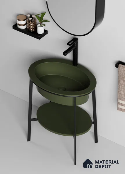 Avyra Basin BS 00174 Olive Cradle (Basin Size-700 x 500 x 180 mm) | (Plank Size-650 x 450 x 15 mm) | (Stand Size-700 x 497 x 825 mm) Circular Ceramic Matte Finish Designer Basin - 180 mm | Suitable For Bathroom, Vanity & Utility Areas