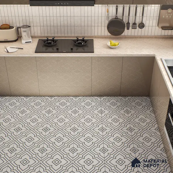 Moroccan Wall & Floor Athangudi Tile TL 00246 White 1 ft x 1 ft Matte Finish Ceramic Tile - 9 mm | Suitable For Kitchen, Bathroom, Dining Area | Please Expect a Slight Variation of Pattern