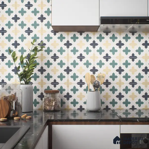Moroccan Floor & Wall Tile TL 04371 Yellow & Green 1 ft x 1 ft Matte Finish Ceramic Tile - 9 mm | Suitable For Kitchen, Bathroom, Dining Area | Please Expect a Slight Variation of Pattern