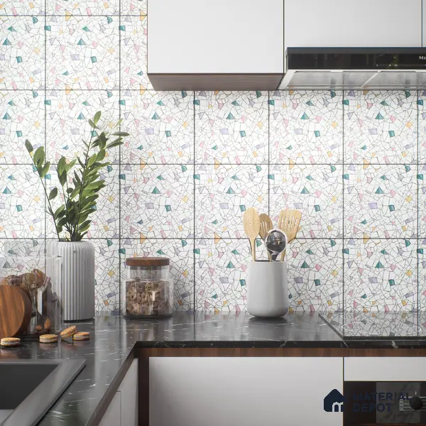 Moroccan Floor & Wall Tile TL 04374 Vibrant Terazzo 1 ft x 1 ft Matte Finish Ceramic Tile - 9 mm | Suitable For Kitchen, Bathroom, Dining Area | Please Expect a Slight Variation of Pattern
