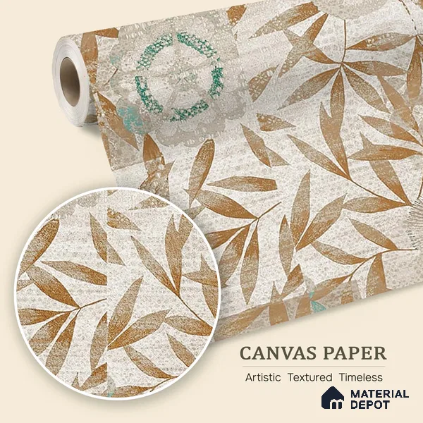 Cream & Gold Leaf Branch Botanical Look Wallpaper Canvas (Customised Size)