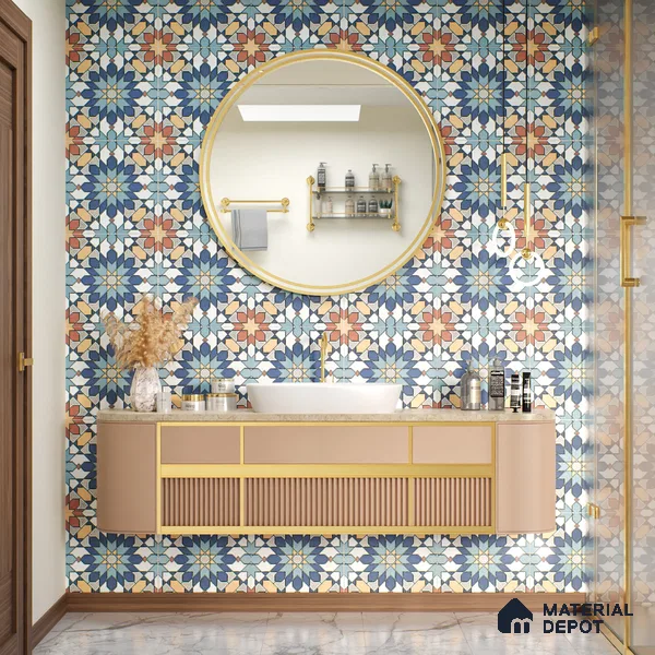 Moroccan Wall & Floor Tile TL 04921 Base & Bloom Decor Solid Blue 1 ft x 1 ft Ceramic Matte Finish - 9 mm | Suitable for Bathroom, Kitchen, Dining Area | Please Expect a Slight Variation of Pattern
