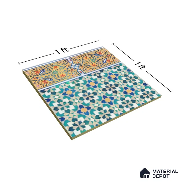 Moroccan Carpet Floor Tile TL 03049 B Border 1 ft x 1 ft Matte Finish Digital Ceramic Tile - 9.5 mm | Suitable For Living Room, Kitchen, Bathroom | Please Expect a Slight Variation of Pattern (Sample)