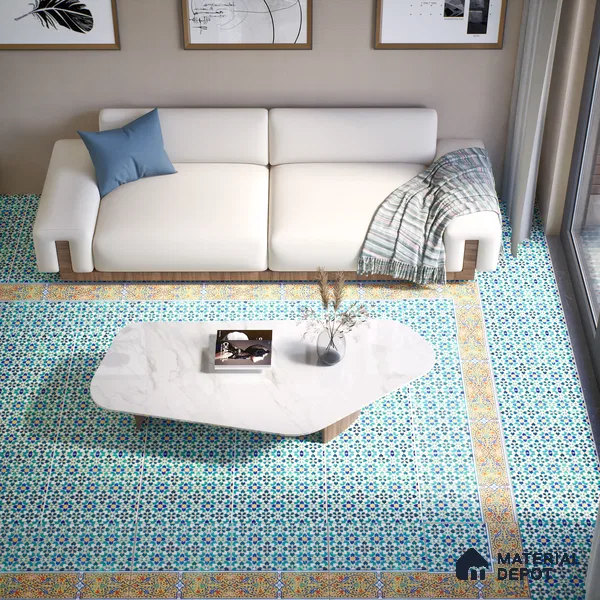 Moroccan Carpet Floor Tile TL 03049 B Border 1 ft x 1 ft Matte Finish Digital Ceramic Tile - 9.5 mm | Suitable For Living Room, Kitchen, Bathroom | Please Expect a Slight Variation of Pattern (Sample)