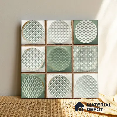 Faux Subway Wall Tile TL 04918 D Esfera Decor 2 Circle Satvario Verde 1 ft x 1 ft Ceramic Matte Finish - 9 mm | Suitable for Highlighter Walls, Foyer, Bathroom, Kitchen Wall & Backsplashes | Please Expect a Slight Variation of Pattern