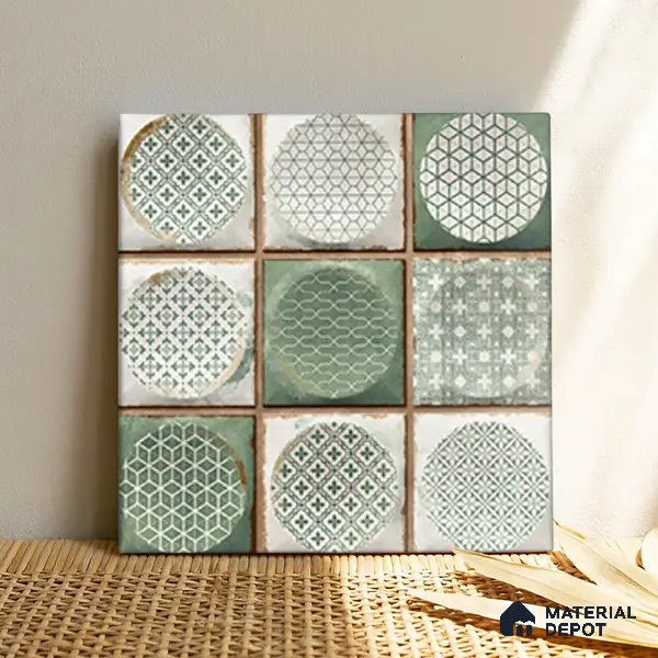 Faux Subway Wall Tile TL 04918 D Esfera Decor 2 Circle Satvario Verde 1 ft x 1 ft Ceramic Matte Finish - 9 mm | Suitable for Highlighter Walls, Foyer, Bathroom, Kitchen Wall & Backsplashes | Please Expect a Slight Variation of Pattern