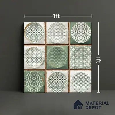 Faux Subway Wall Tile TL 04918 D Esfera Decor 2 Circle Satvario Verde 1 ft x 1 ft Ceramic Matte Finish - 9 mm | Suitable for Highlighter Walls, Foyer, Bathroom, Kitchen Wall & Backsplashes | Please Expect a Slight Variation of Pattern