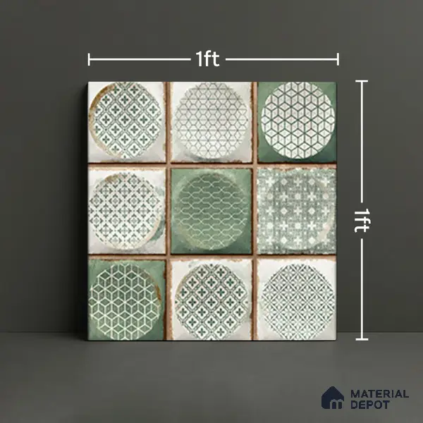 Faux Subway Wall Tile TL 04918 D Esfera Decor 2 Circle Satvario Verde 1 ft x 1 ft Ceramic Matte Finish - 9 mm | Suitable for Highlighter Walls, Foyer, Bathroom, Kitchen Wall & Backsplashes | Please Expect a Slight Variation of Pattern
