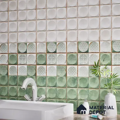 Faux Subway Wall Tile TL 04918 D Esfera Decor 2 Circle Satvario Verde 1 ft x 1 ft Ceramic Matte Finish - 9 mm | Suitable for Highlighter Walls, Foyer, Bathroom, Kitchen Wall & Backsplashes | Please Expect a Slight Variation of Pattern