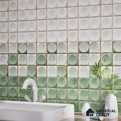 Faux Subway Wall Tile TL 04918 D Esfera Decor 2 Circle Satvario Verde 1 ft x 1 ft Ceramic Matte Finish - 9 mm | Suitable for Highlighter Walls, Foyer, Bathroom, Kitchen Wall & Backsplashes | Please Expect a Slight Variation of Pattern