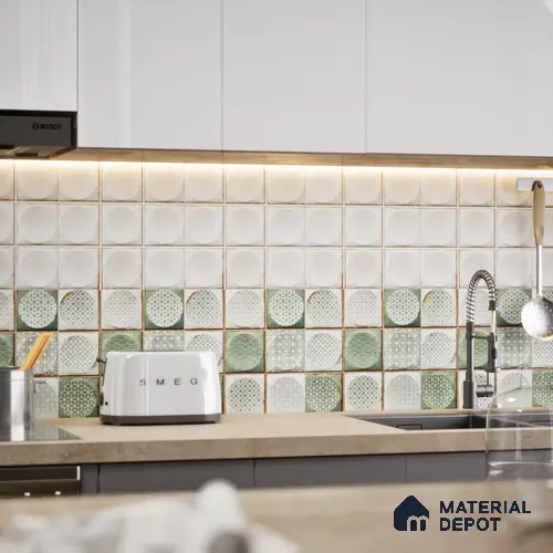 Faux Subway Wall Tile TL 04918 D Esfera Decor 2 Circle Satvario Verde 1 ft x 1 ft Ceramic Matte Finish - 9 mm | Suitable for Highlighter Walls, Foyer, Bathroom, Kitchen Wall & Backsplashes | Please Expect a Slight Variation of Pattern