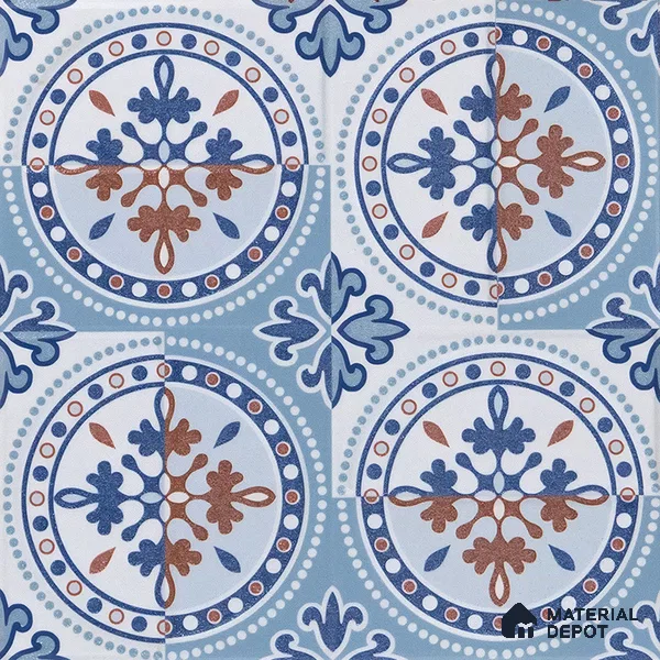 Moroccan Wall & Floor Tile TL 04919 Base & Bloom Cocoa Azul 1 ft x 1 ft Ceramic Matte Finish - 9 mm | Suitable for Bathroom, Kitchen, Dining Area | Please Expect a Slight Variation of Pattern (Sample)