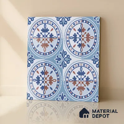 Moroccan Wall & Floor Tile TL 04919 Base & Bloom Cocoa Azul 1 ft x 1 ft Ceramic Matte Finish - 9 mm | Suitable for Bathroom, Kitchen, Dining Area | Please Expect a Slight Variation of Pattern (Sample)
