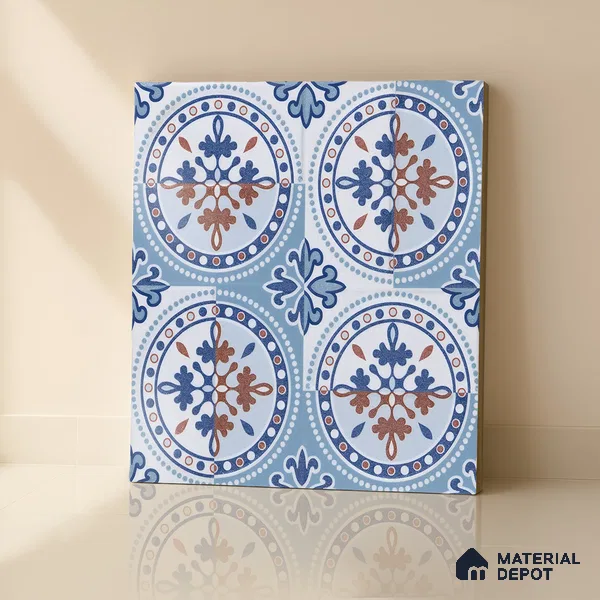 Moroccan Wall & Floor Tile TL 04919 Base & Bloom Cocoa Azul 1 ft x 1 ft Ceramic Matte Finish - 9 mm | Suitable for Bathroom, Kitchen, Dining Area | Please Expect a Slight Variation of Pattern (Sample)